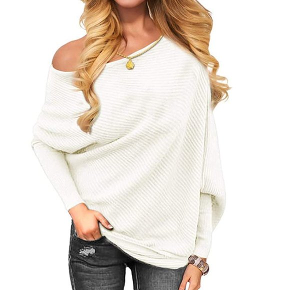OmicGot Women's Off The Shoulder Long Sleeve Pullover Knit Slouchy Sweater - Picture 1 of 3